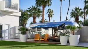 Airstream trailer with blue awning surrounded by palm trees
