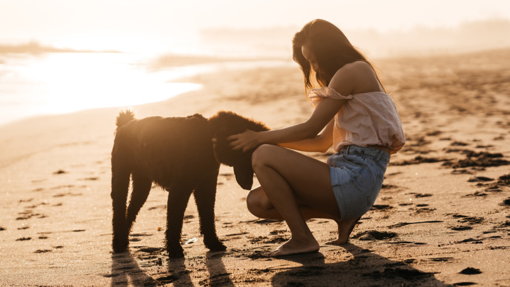 Woman with dog on beach.