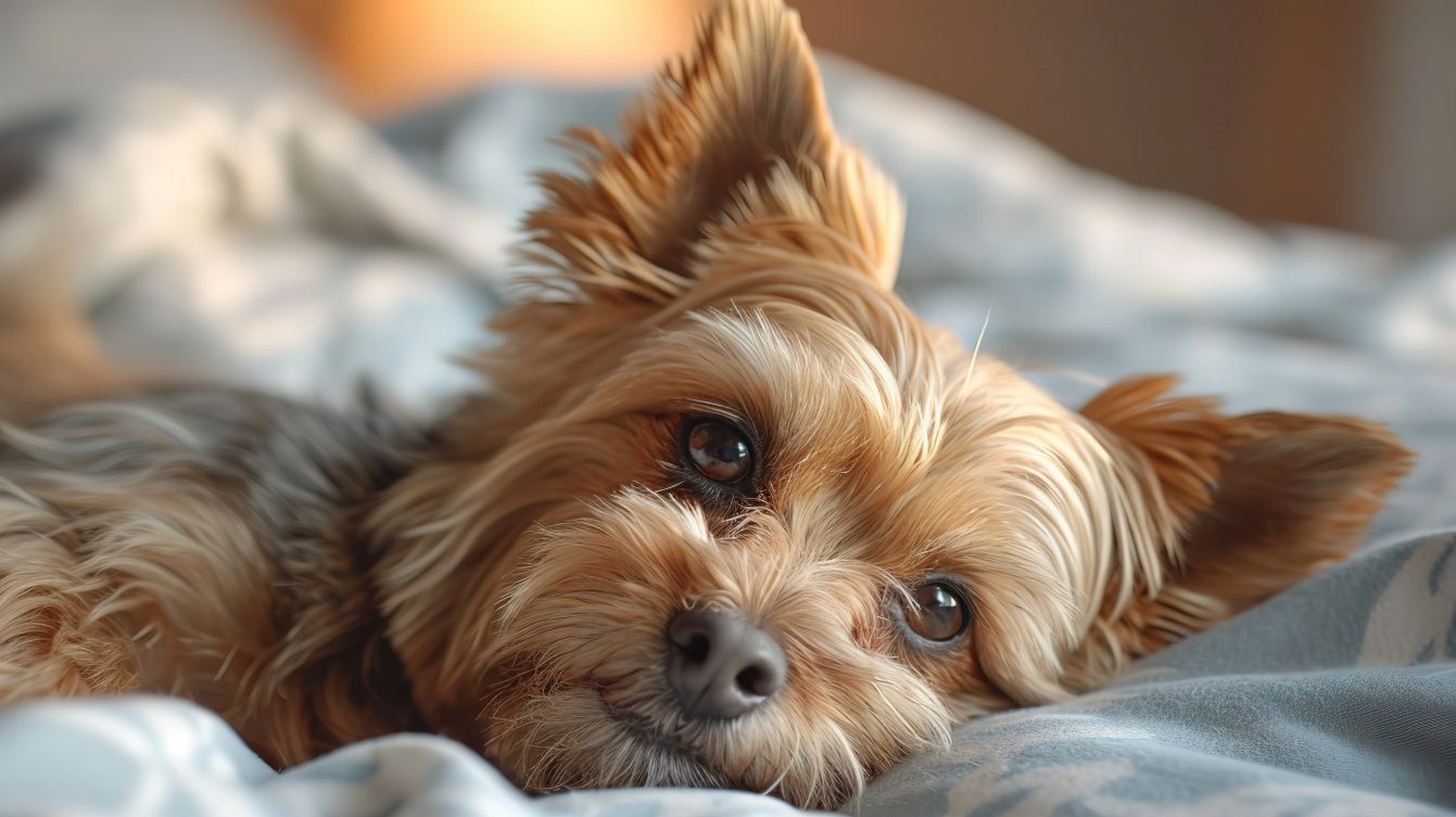 Dog lying on a hotel bed.