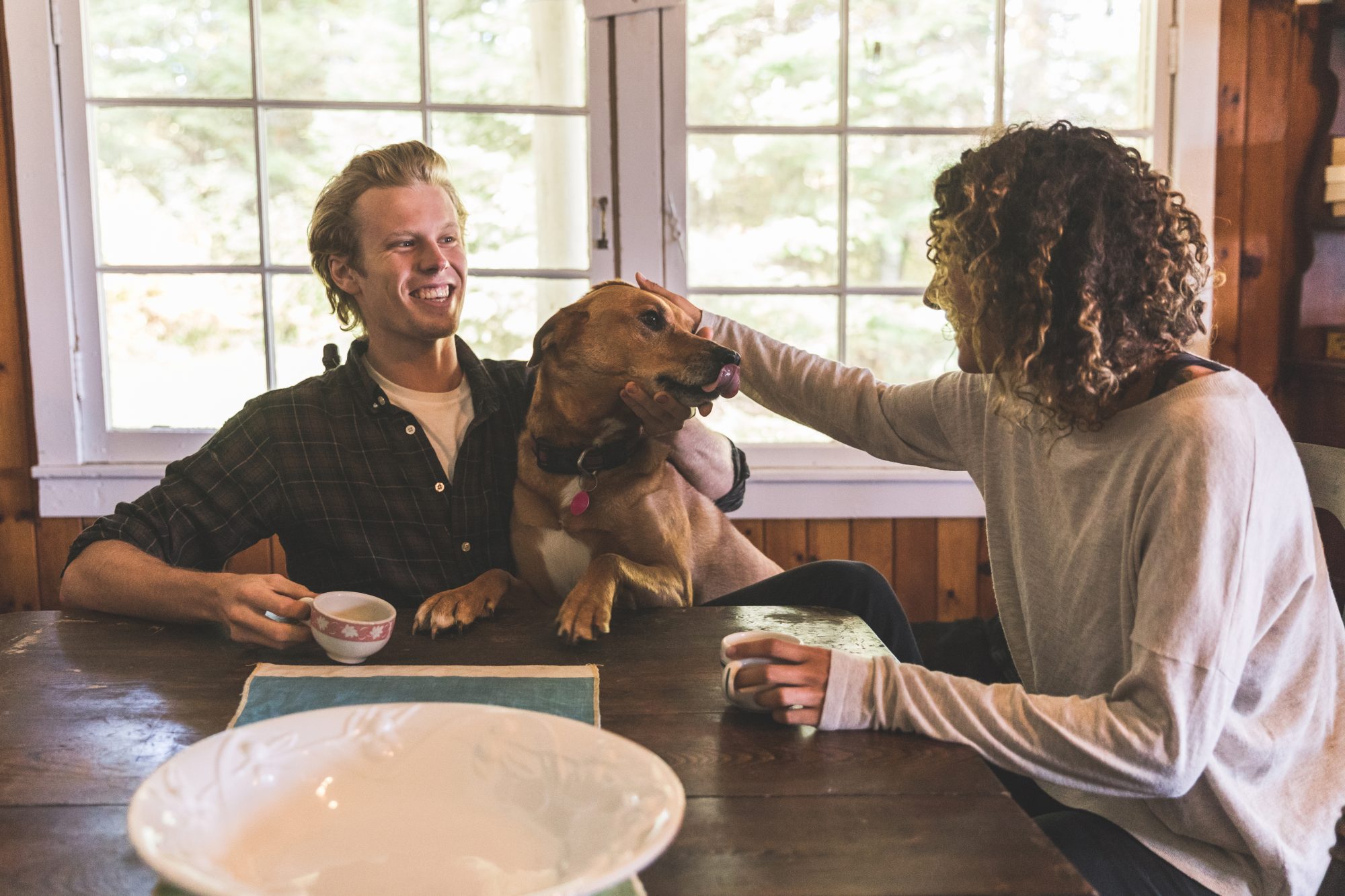 Dog and two people in a cabin.