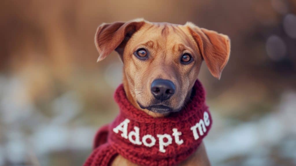 Dog for adoption with scarf around the neck with words "Adopt me"