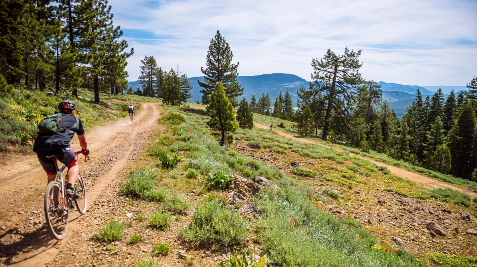 Two cyclists navigate a dirt trail in the Lost Sierra, a rugged landscape filled with dense forest and towering mountains. Their path winds through greenery and clusters of pine trees, while a mountain range looms in the distance. One cyclist, equipped with a helmet and backpack, appears prepared to explore further trails.