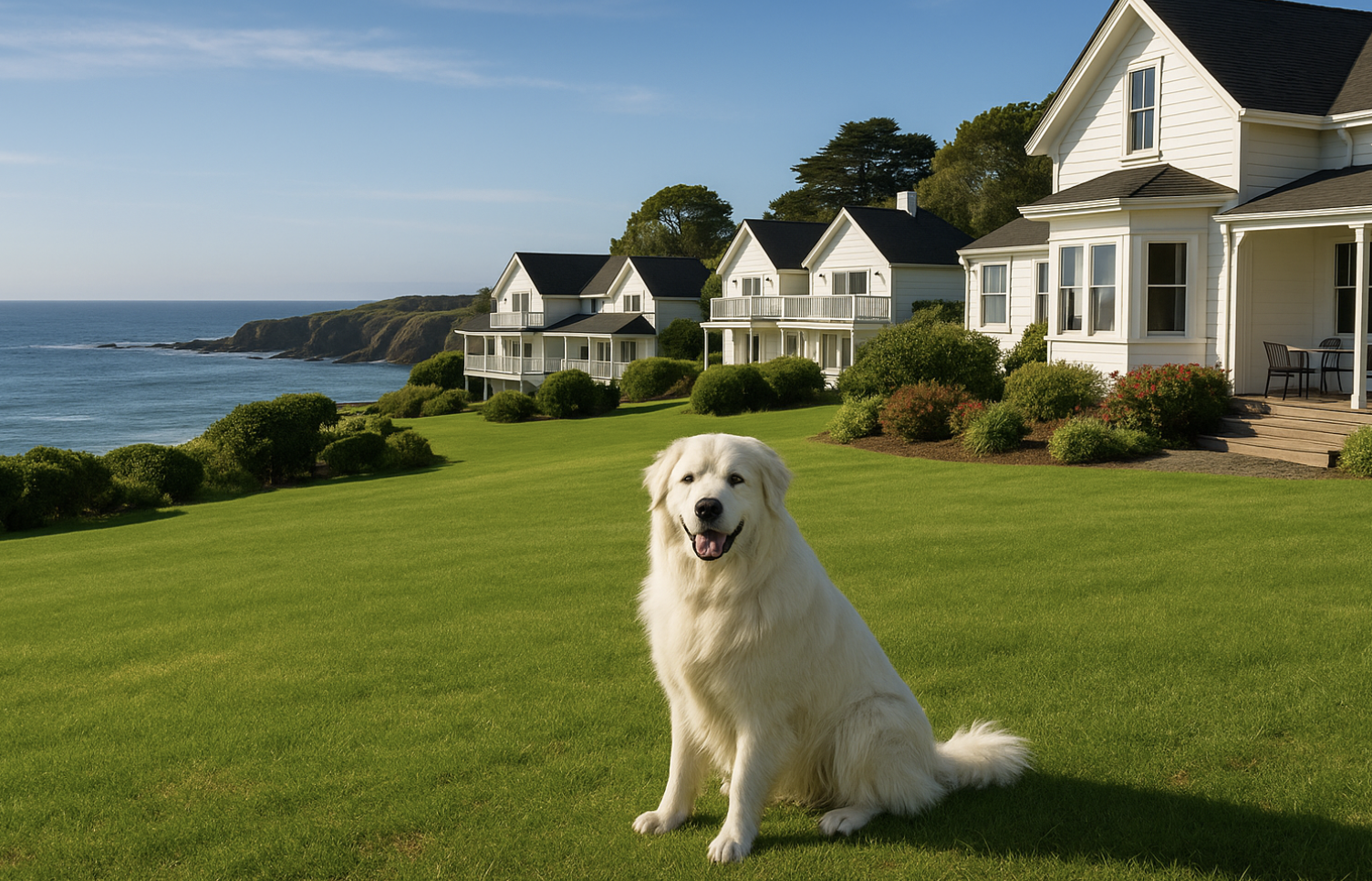 A large white dog sits on a trimmed green lawn in front of several white houses facing the Mendocino Coast. Behind the dog, rugged cliffs drop to the ocean and open blue sky stretches above, providing plenty of space and fresh air for dogs to explore.