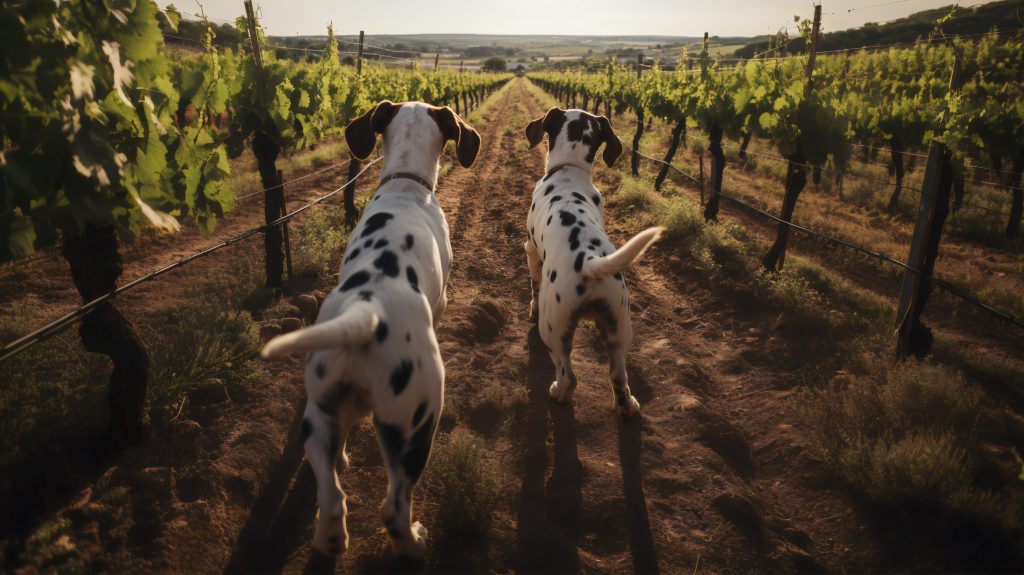 Two Dalmatian dogs in a vineyard