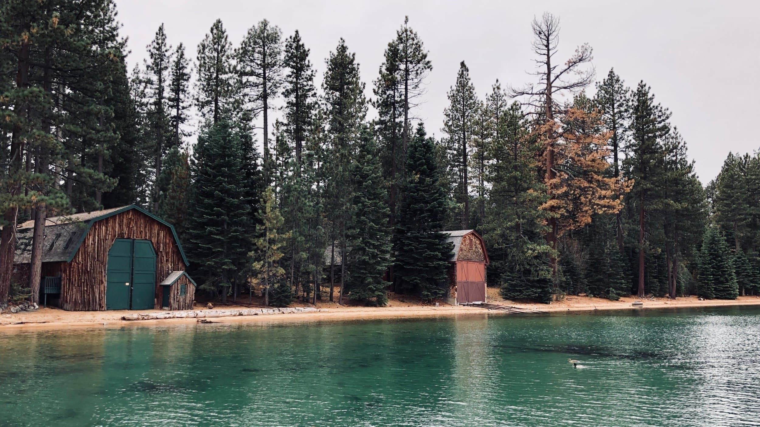 Historic buildings on edge of Lake at Tallac Historic Site