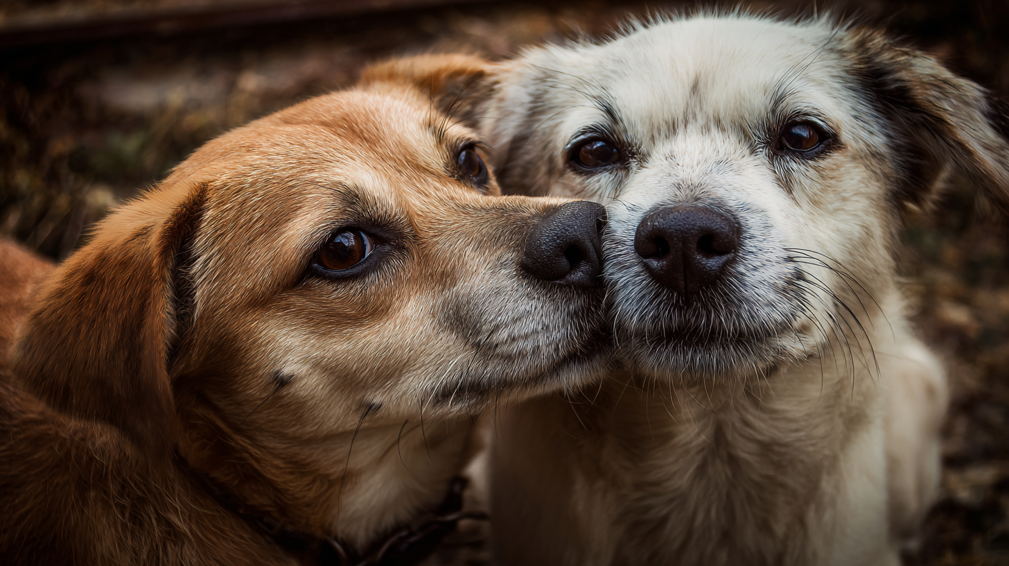 A brown, short-haired dog and a white dog with tan markings sit close together, their faces nearly touching as they look toward the camera. The shallow focus blurs the background, drawing attention to the dogs’ gentle interaction in the foreground.