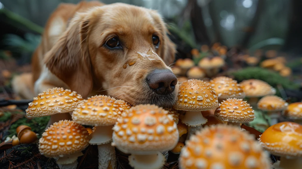 Watch as your golden retriever curiously sniffs a huddled group of vibrant orange mushrooms, their toxic allure hidden beneath the appealing color. This mystifying scene unfolds in a misty forest, adding an air of intrigue and mystery to your woodland escapade with your furry companion. Enjoy this intriguing adventure surrounded by mother nature's abundant beauty, tinged with the thrill of encountering hazards like these enticing but harmful fungi. - Dogtrekker