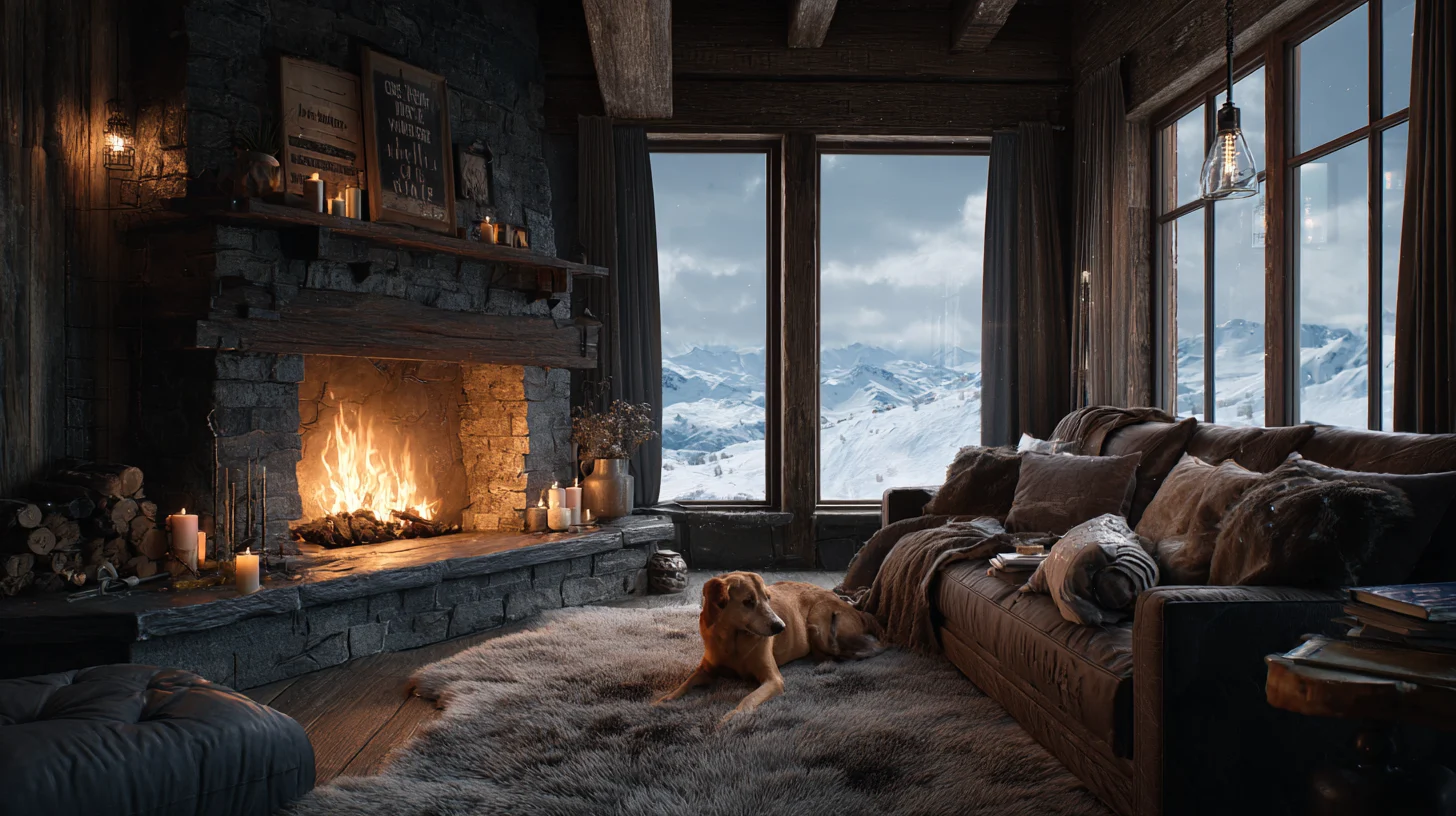 Luxurious hoel room with fireplace and dog while i