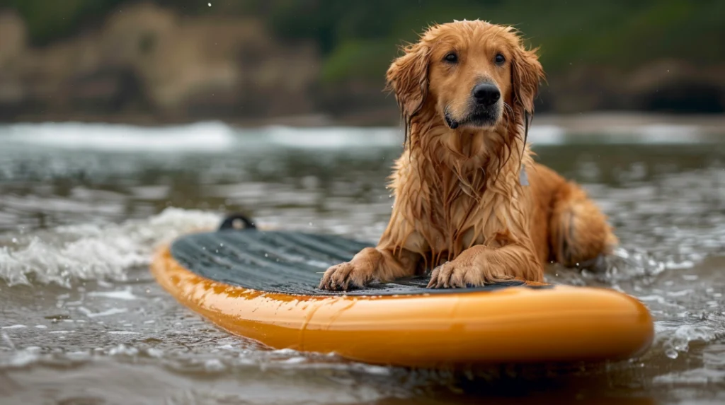 A golden retriever, adorned in a snug-fitting water flotation vest, sits confidently on a paddleboard amidst the calm waters. The determined expression in its eyes, locked on the camera’s lens, showcases it's ready for an exciting adventure. This picturesque scene seems perfect for pet-owners searching for unique and enjoyable activities to engage their adorable canine companions. - Dogtrekker