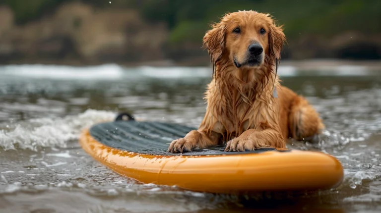 A golden retriever, adorned in a snug-fitting water flotation vest, sits confidently on a paddleboard amidst the calm waters. The determined expression in its eyes, locked on the camera’s lens, showcases it's ready for an exciting adventure. This picturesque scene seems perfect for pet-owners searching for unique and enjoyable activities to engage their adorable canine companions. - Dogtrekker