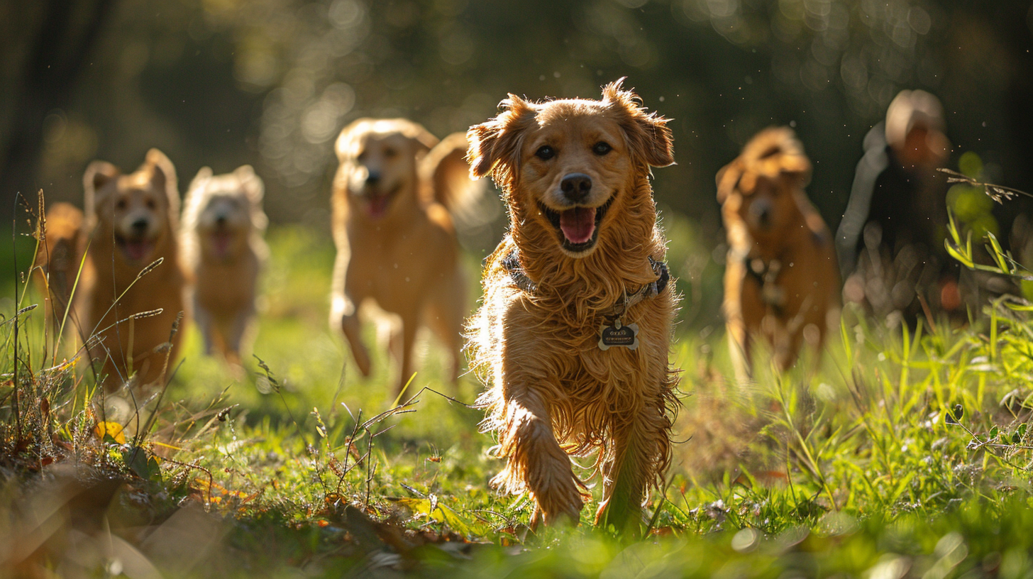 Experience the joy-filled sight of a golden retriever scampering gleefully towards you, its tail wagging merrily. In the backdrop, a lively group of dogs adds to the playful ambiance of the sun-kissed, pet-friendly dog park. This place is an enticing option for your beloved pet's recreative and socializing needs. - Dogtrekker