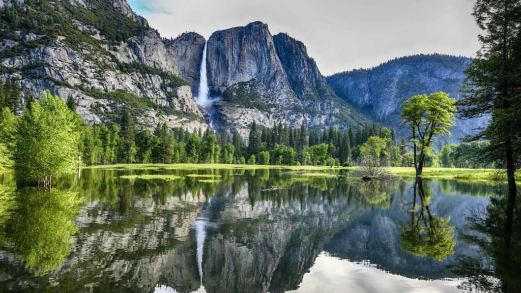 Yosemite falls with mirrored reflection in flooded valley