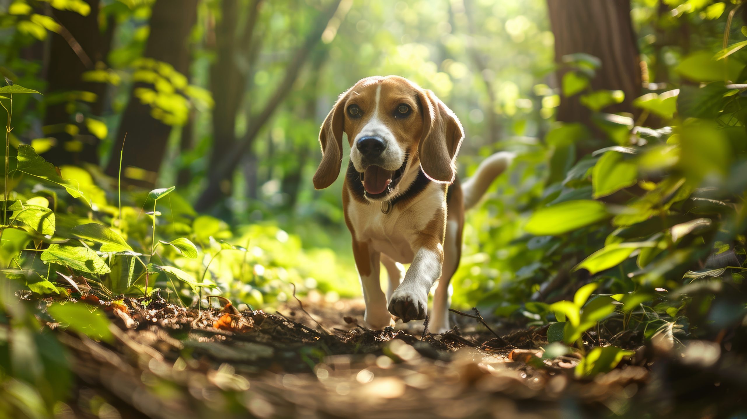 A beagle with a brown, white, and black coat walks along a forest path in Crockett Hills Regional Park. Green foliage lines the path, and sunlight filters through the trees.