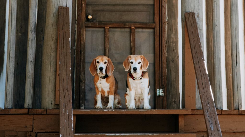 Two beagles stand side by side on a wooden porch in front of a rustic door with narrow windows. The porch, accessible by stairs, adds to the cottage's charm. The beagles appear alert and attentive, ready for their next adventure in this cabin setting.