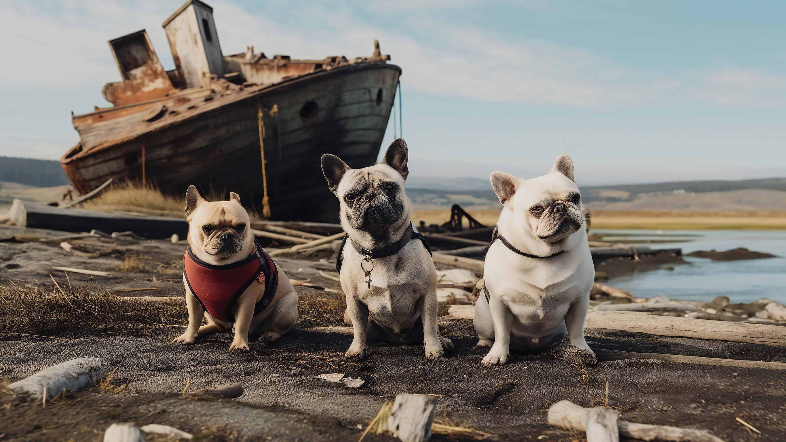 French Bulldogs near the Point Reyes shipwreck at Limantour Beach