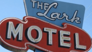 A vintage motel sign captures attention with its bold lettering that reads "The Lark Motel" in a timeless style. The classic design includes an arrow pointing to the right, indicating direction, and features the word "Vacancy" below, inviting travelers to stop. Its backdrop is a clear blue sky, offering a picturesque setting for those looking to explore with their dogs.