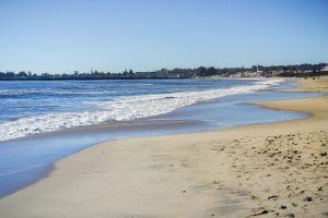 Seabright State beach on a sunny afternoon, Santa Cruz beach Boardwalk and wharf in the background, Santa Cruz, California