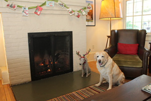 Kayla in front of the fireplace in the Cavallo Point Lobby