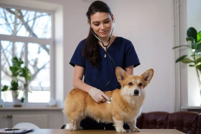 Veterinary surgeon and corgi dog at vet clinic