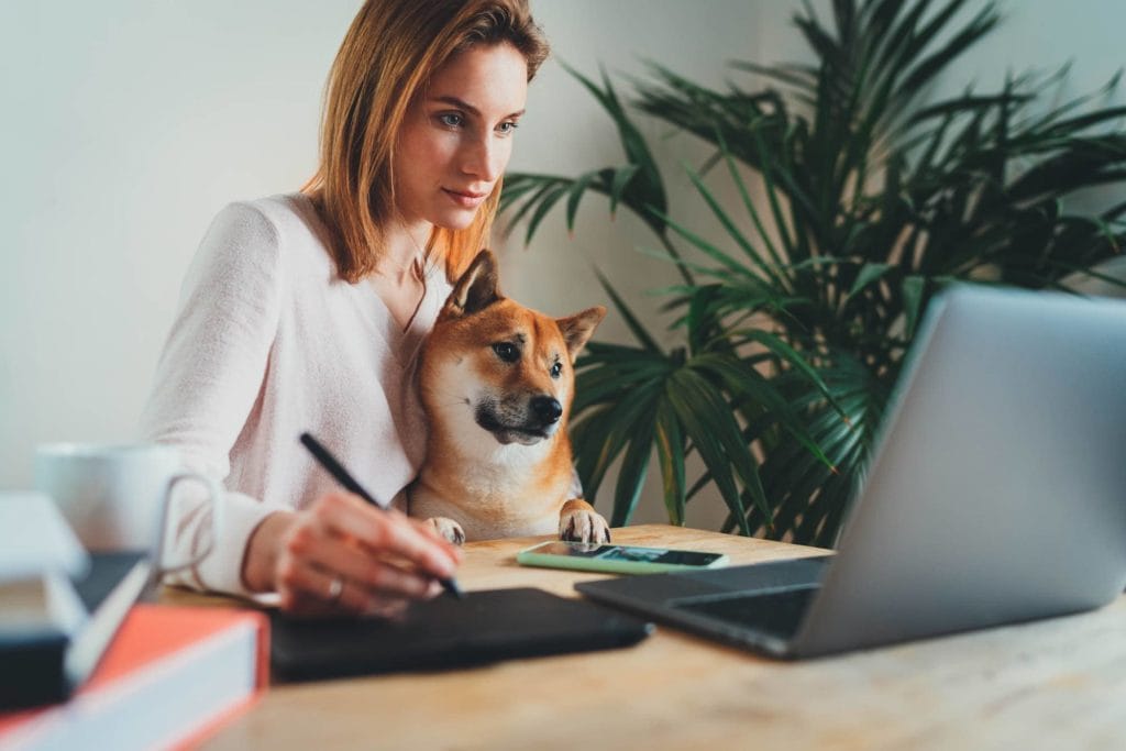 Woman working at home on laptop with her  dog