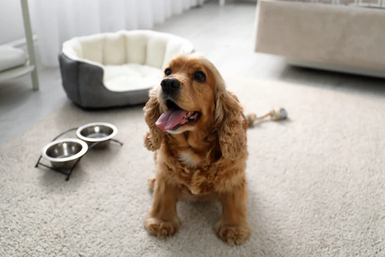 Cute English Cocker Spaniel indoors. Pet friendly hotel