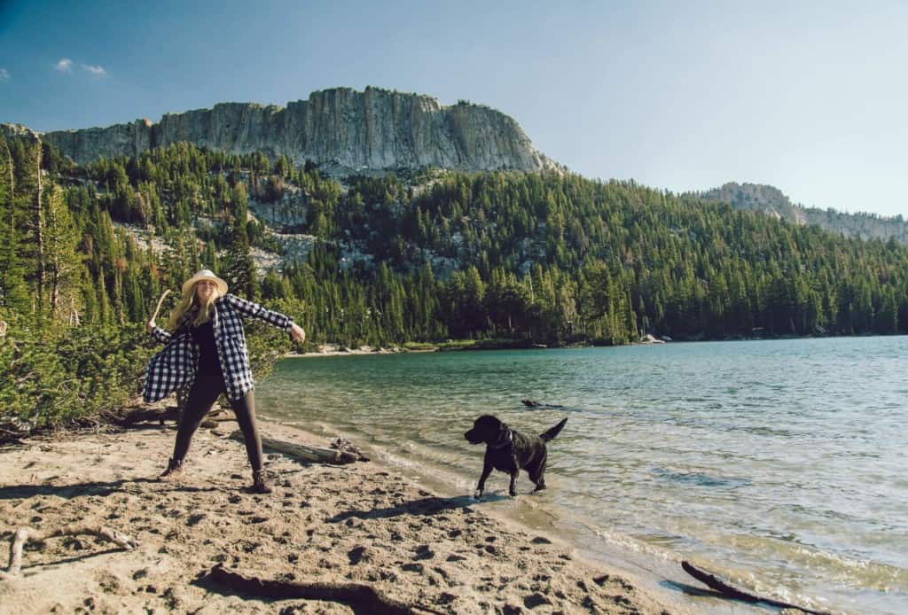 woman tosses stick to black lab at edge of alpine lake