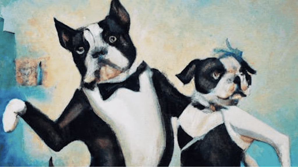 illustration of boston terriers in formal wear dancing