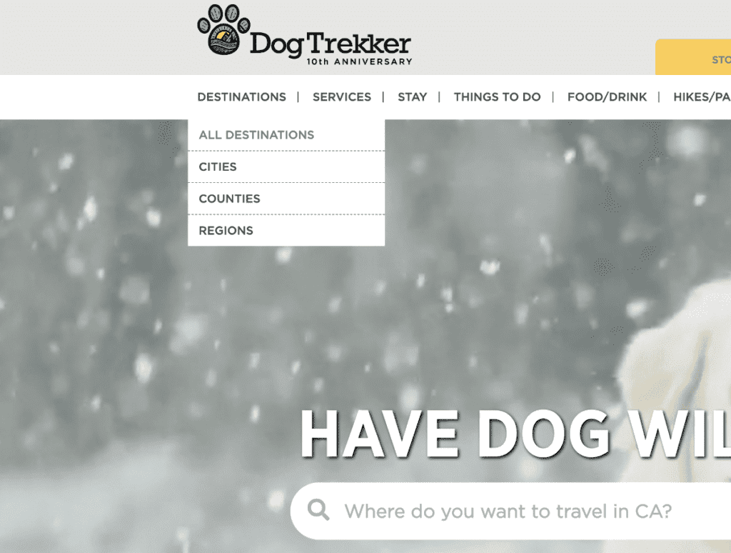 drop down menu from navigation bar on DogTrekker.com