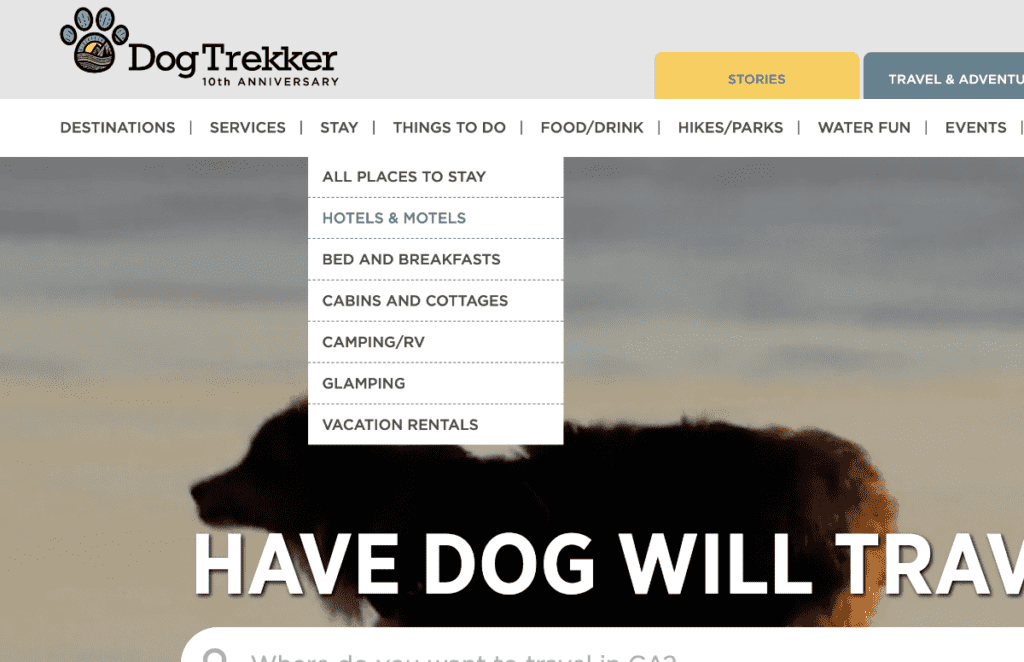 dropdown menu on on DogTrekker.com