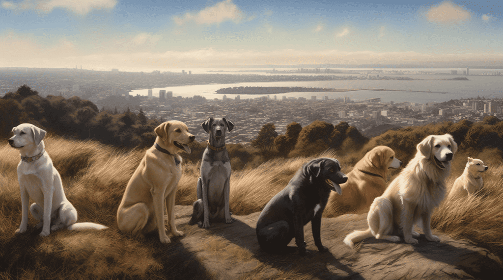 illustration of multiple dogs sitting on a hill.