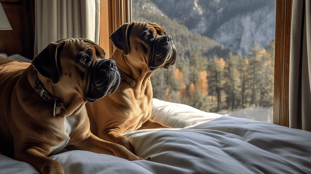 2 dogs on the bed in front of window with a mountain view