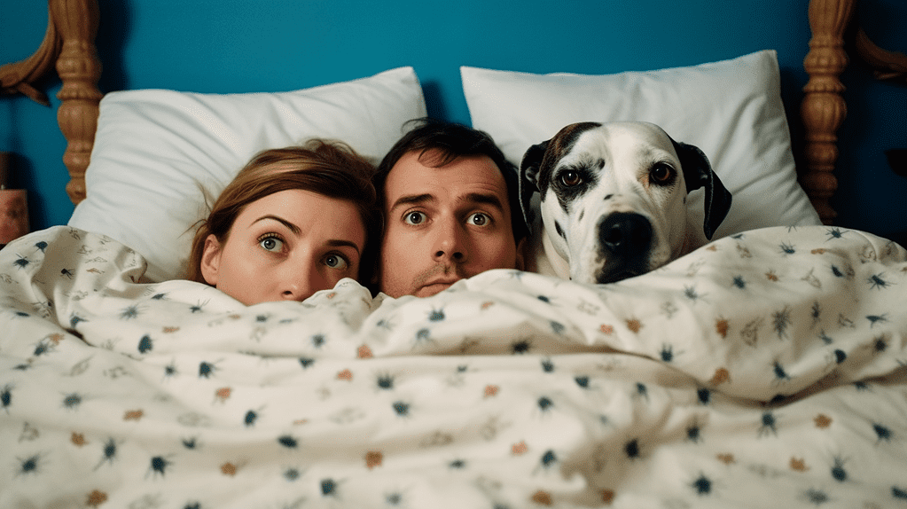 Dog in bed with people