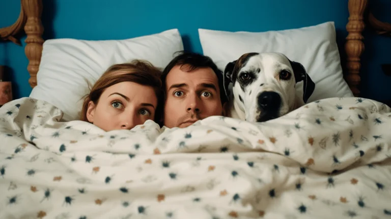 Portrait of a man and a woman in bed with a dog be