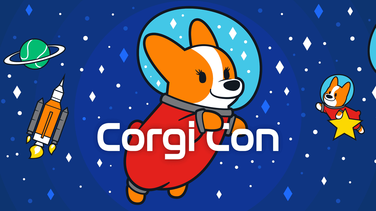 a cartoon of a corgi on a space background.