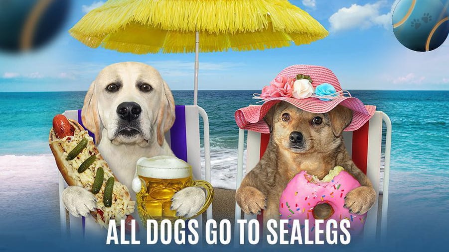 graphic with 2 dogs sitting in chairs at beach with text reading "All dogs go to Sealegs"