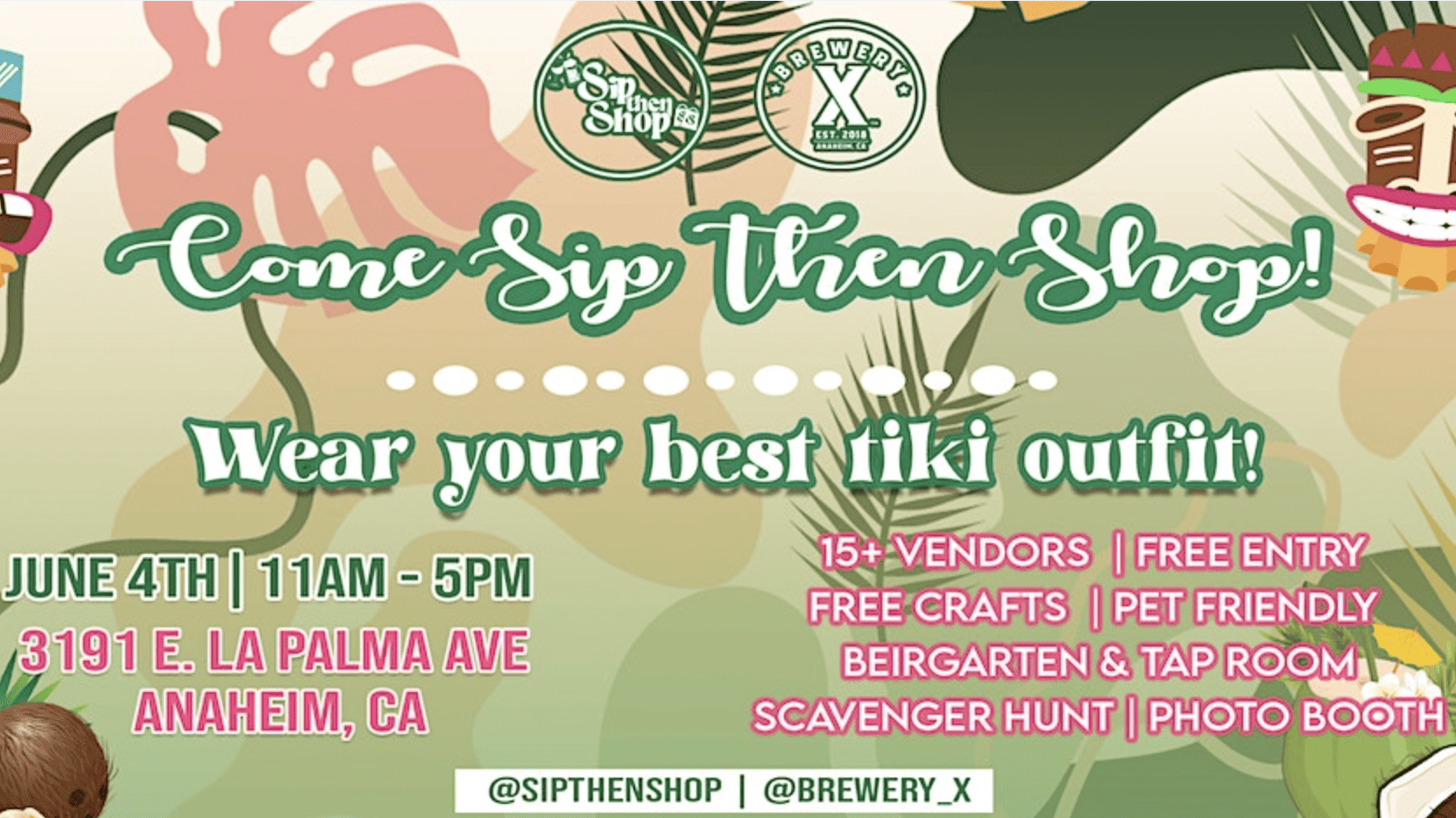 Tiki time with Sip Then Shop banner
