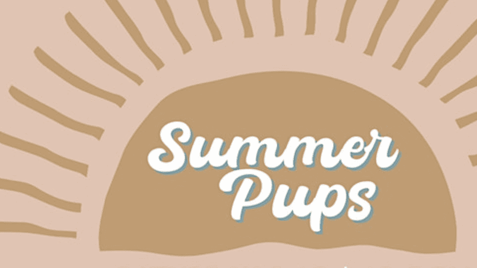 the words summer pups on a pink background.