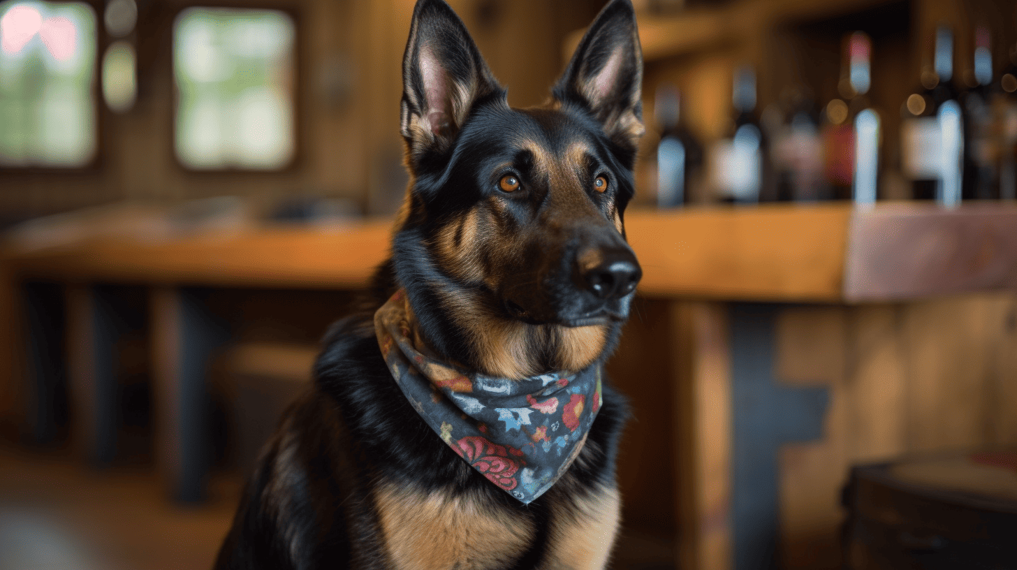 a dog wearing a bandana sitting in front of a bar.