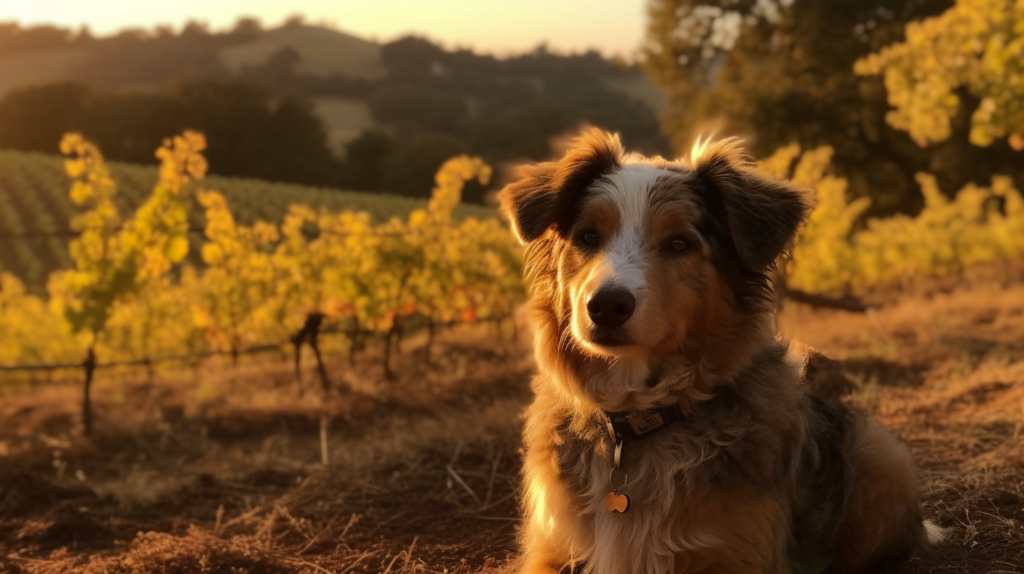 dog sitting in vineyard