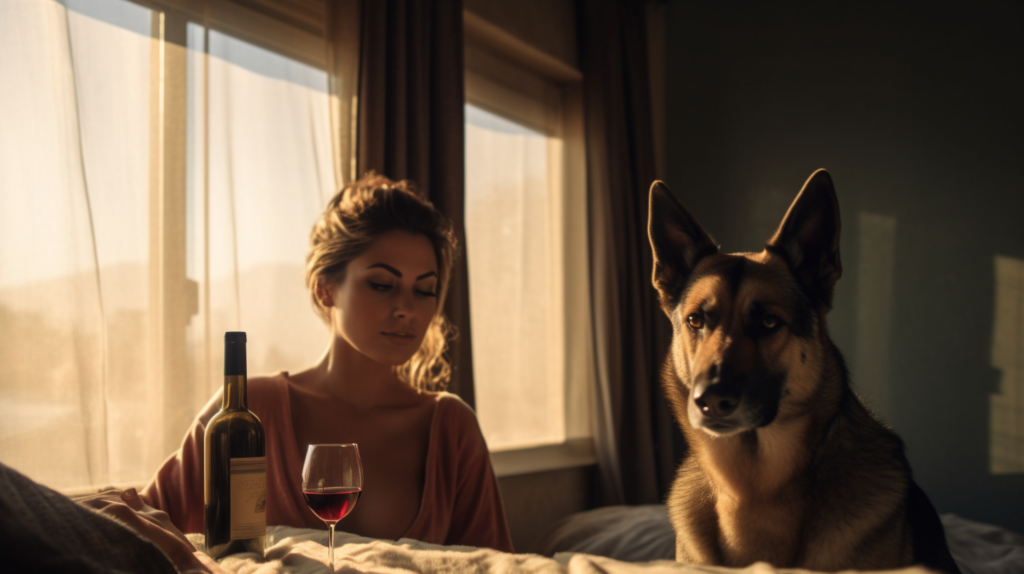 woman with wine sits at table with dog