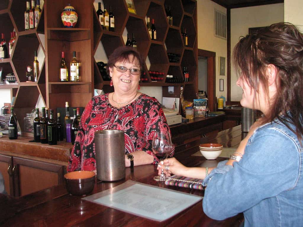 a woman sitting at a bar with a glass of wine.