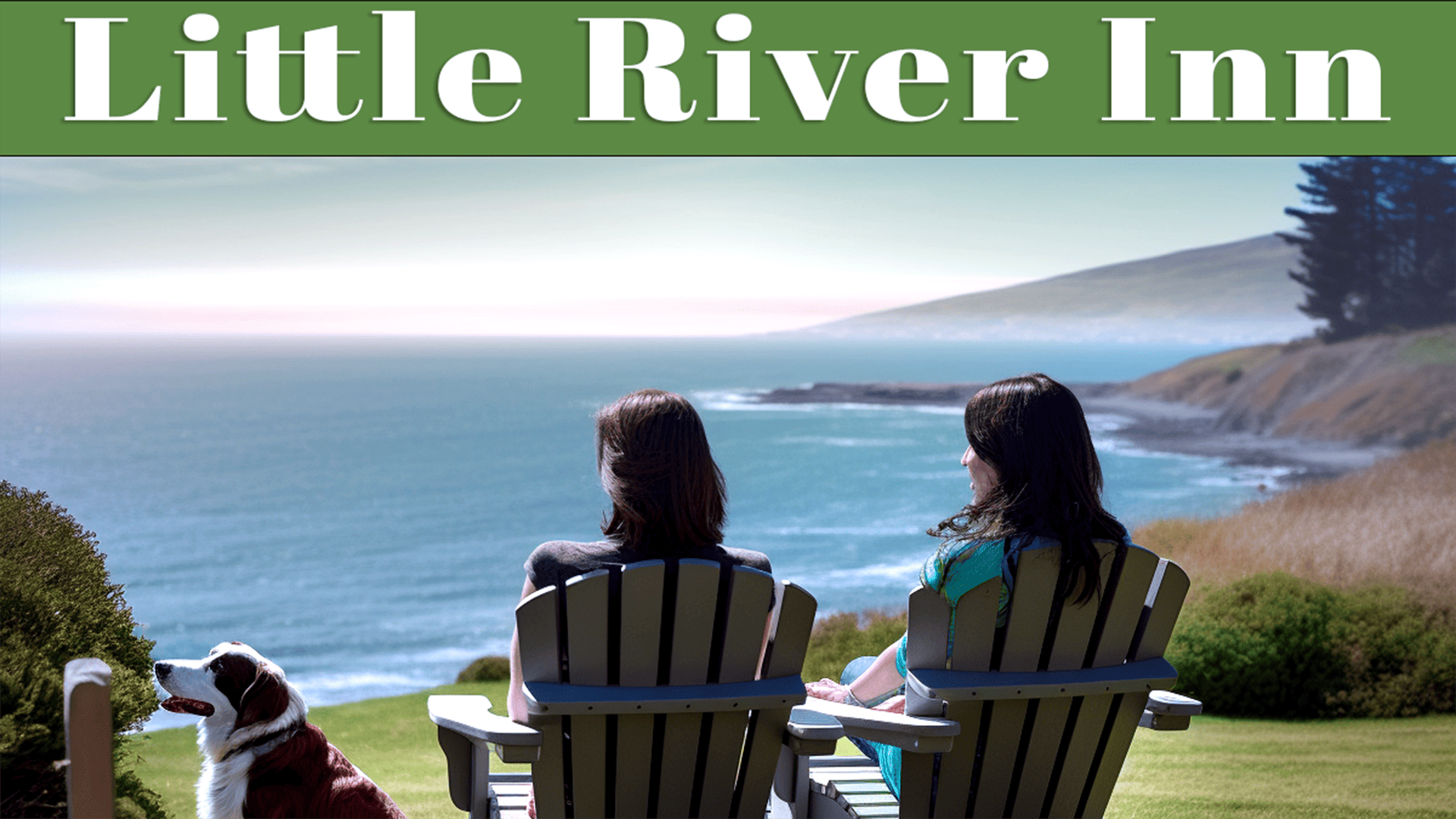 two women sitting on lawn chairs facing the ocean with a dog at Little River Inn.