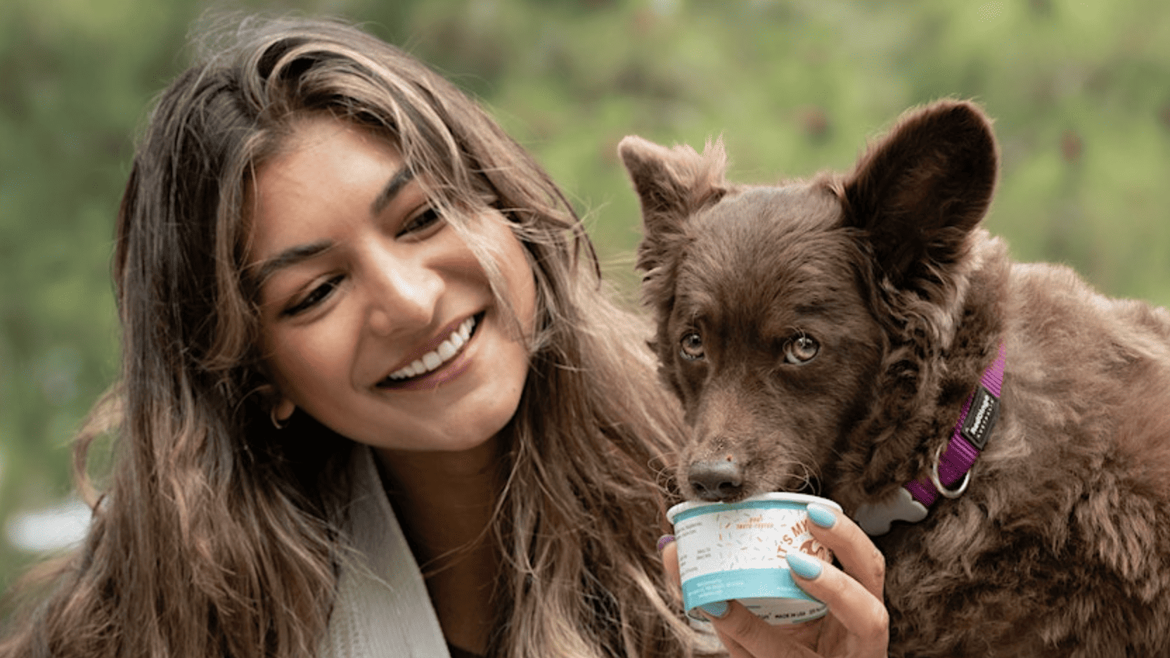 dog licks cup of ice cream that a woman is holding out