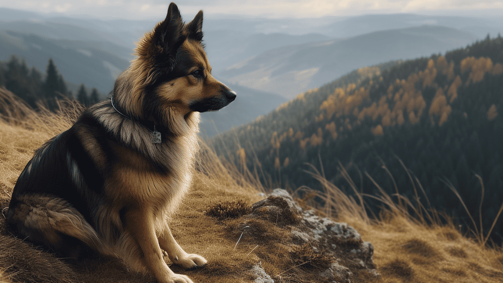 a dog sitting on top of a grass covered hillside.