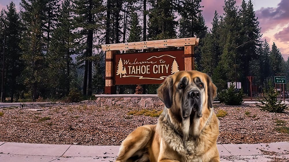 A brown dog sitting in front of a sign in Tahoe City.