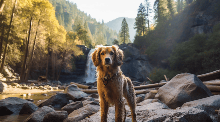 A vibrant dog park bathed in sunlight features abundant greenery with mature trees, offering ample shade for leisurely outdoor activities. In the distance is a well-equipped playground that presents an additional activity area. An inviting picnic table spreads out nearby, ideal for enjoying meals al fresco or taking relaxing breaks from play. A neatly-placed trash bin aids in maintaining the park's cleanliness for everyone's enjoyment. Dominating the scene is a generously wide dirt path gracefully curving through the expanse of grass, promising exploratory walks and lively fetch games.