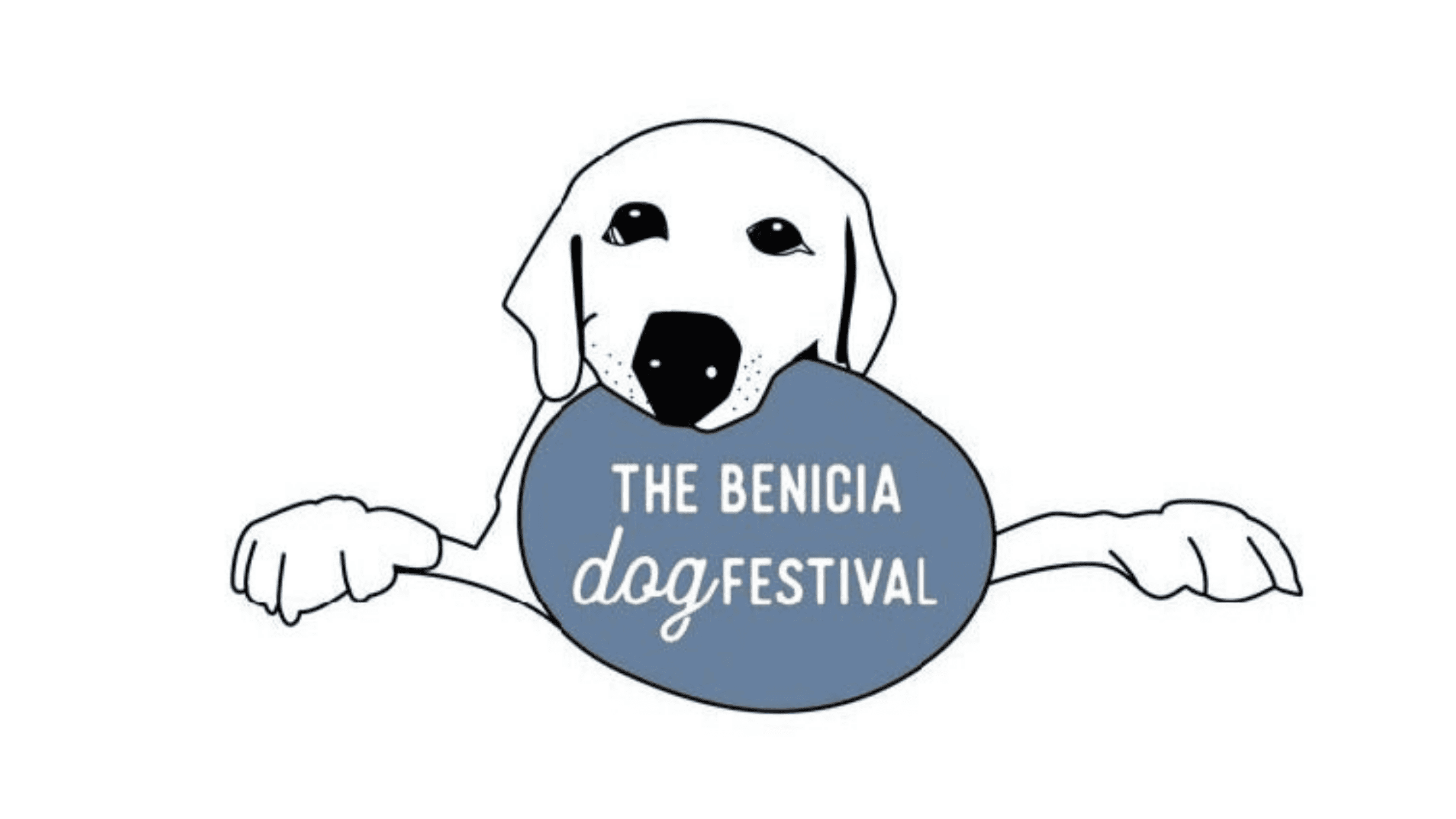 The benica dog festival logo with a dog holding a ball.
