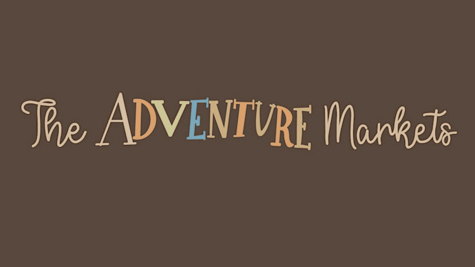 The adventure markets logo on a brown background.