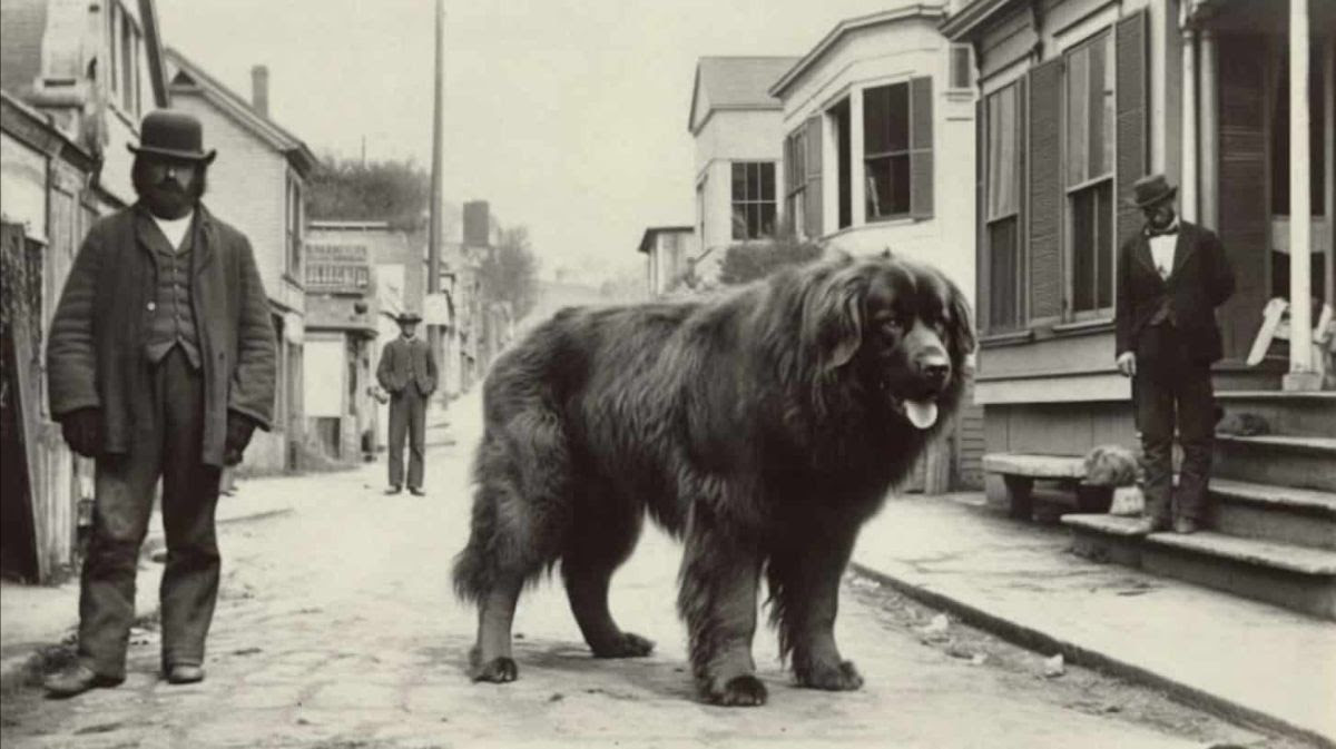 An old photo of a large dog walking down a street.