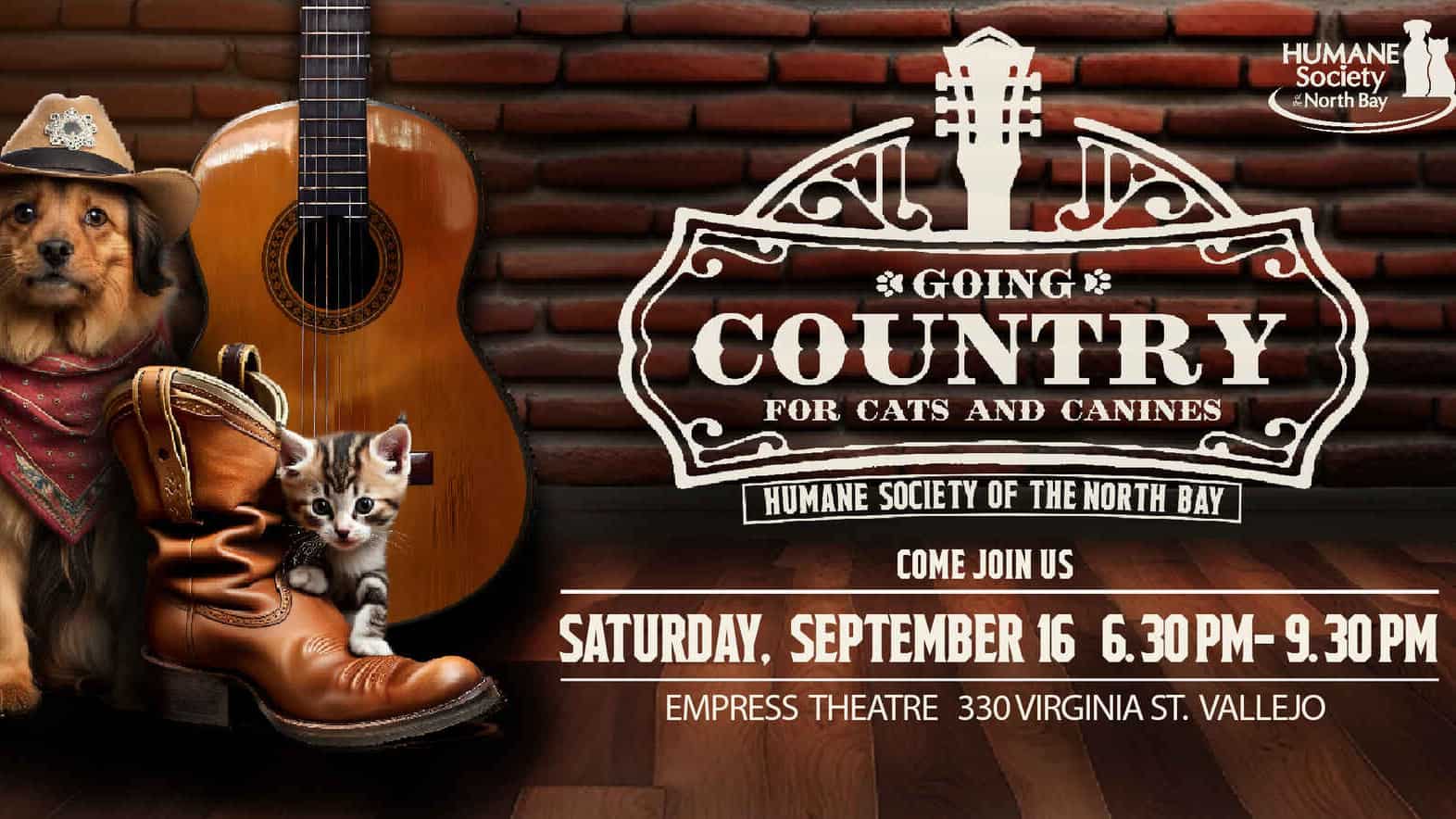 A poster for a Going Country for Cats & Canines with a dog and a guitar.